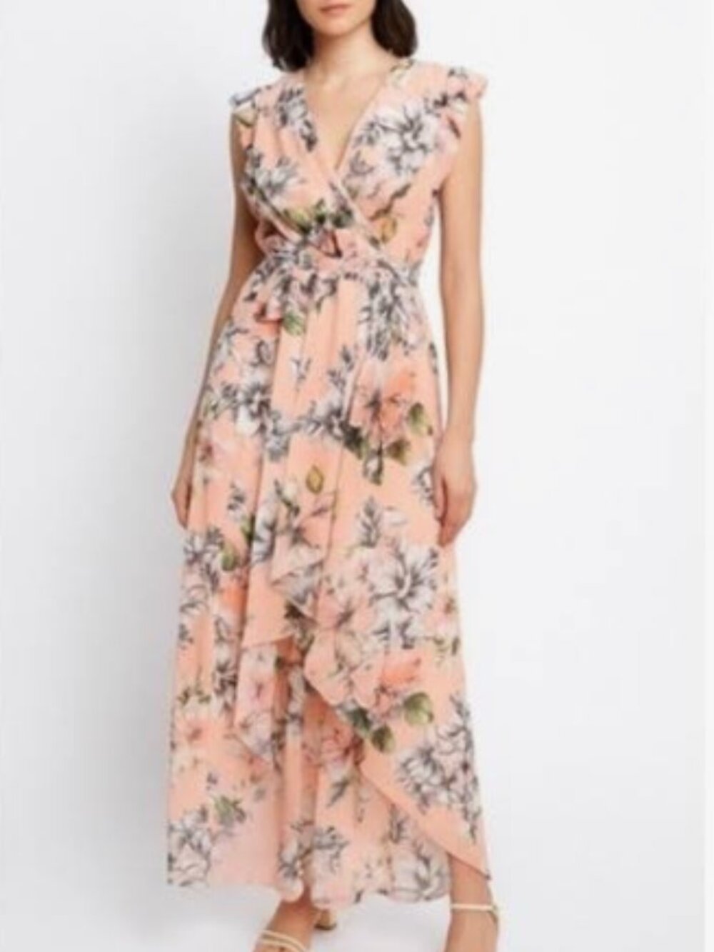 Eliza J Peachy Floral High-Low Flowy Whimsical Mesh Maxi Dress